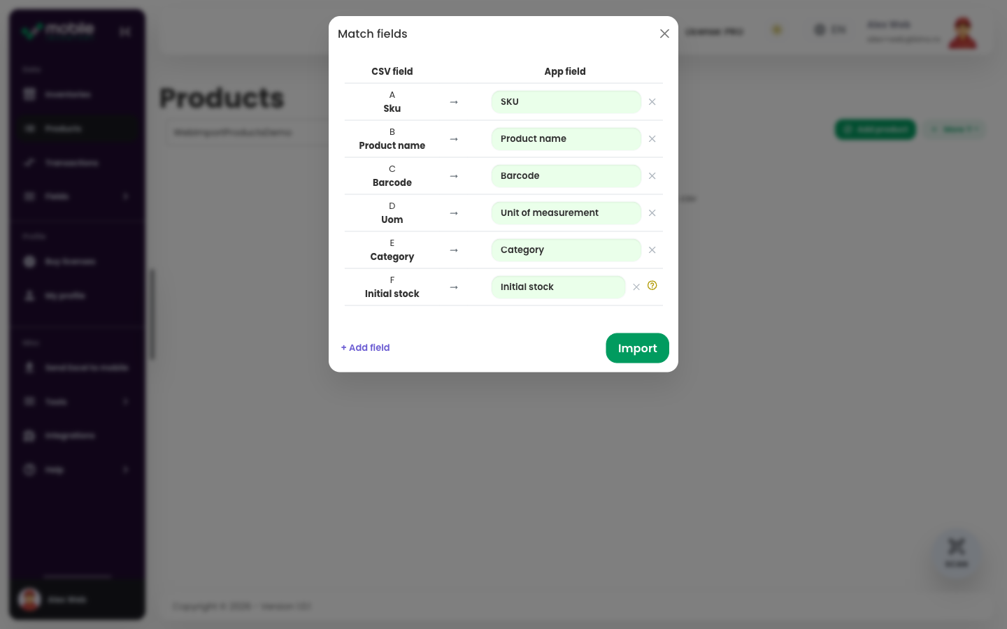 Web app Match fields dialog with CSV columns matched to Mobile Inventory fields