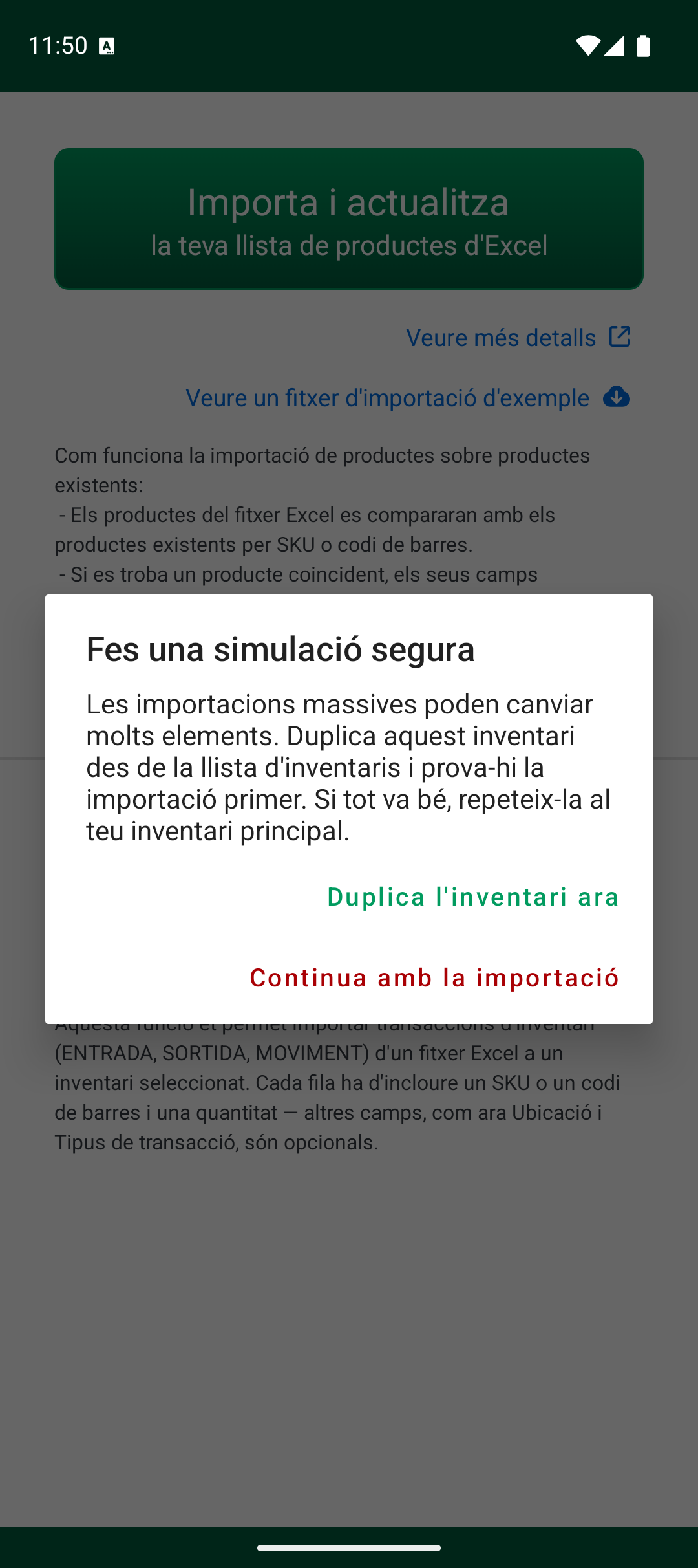 Avís de simulació segura abans d’importar