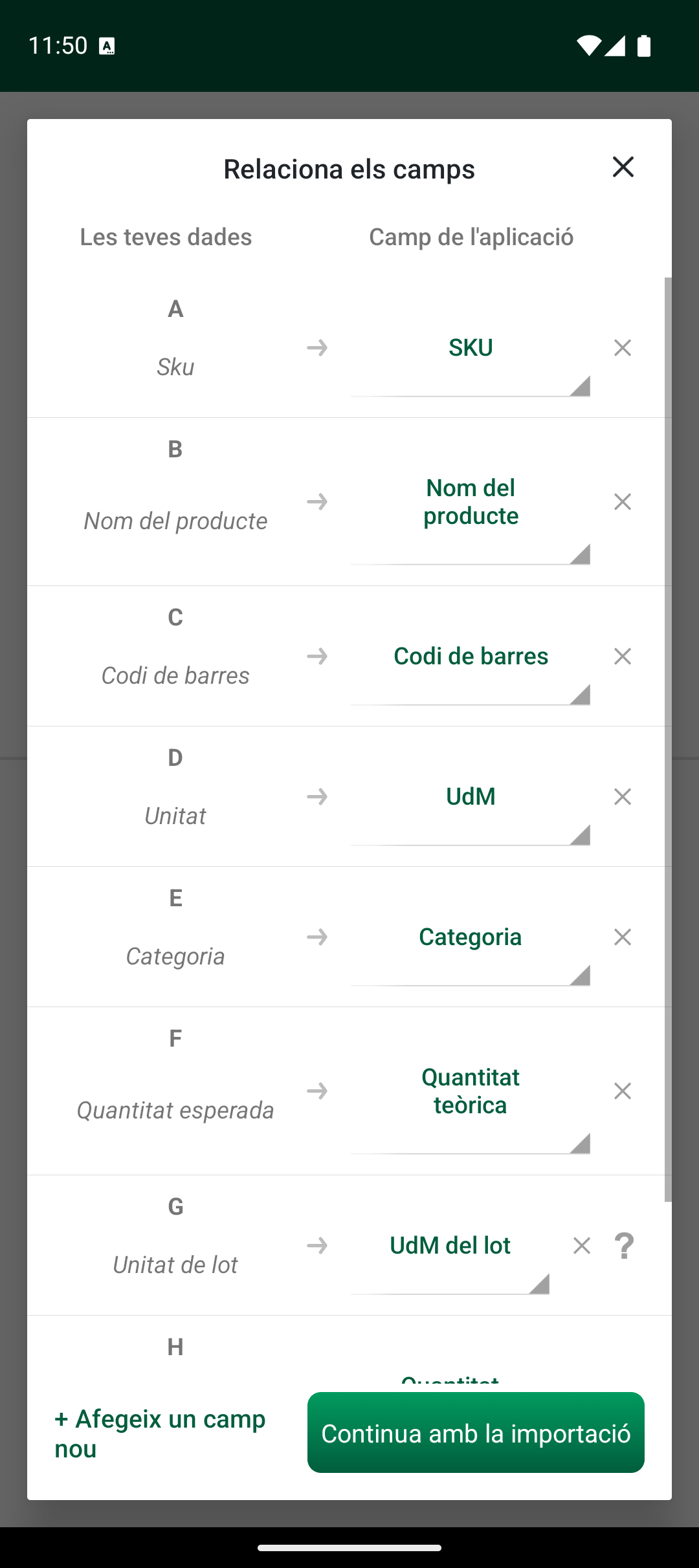 Pantalla d’assignació Relaciona camps