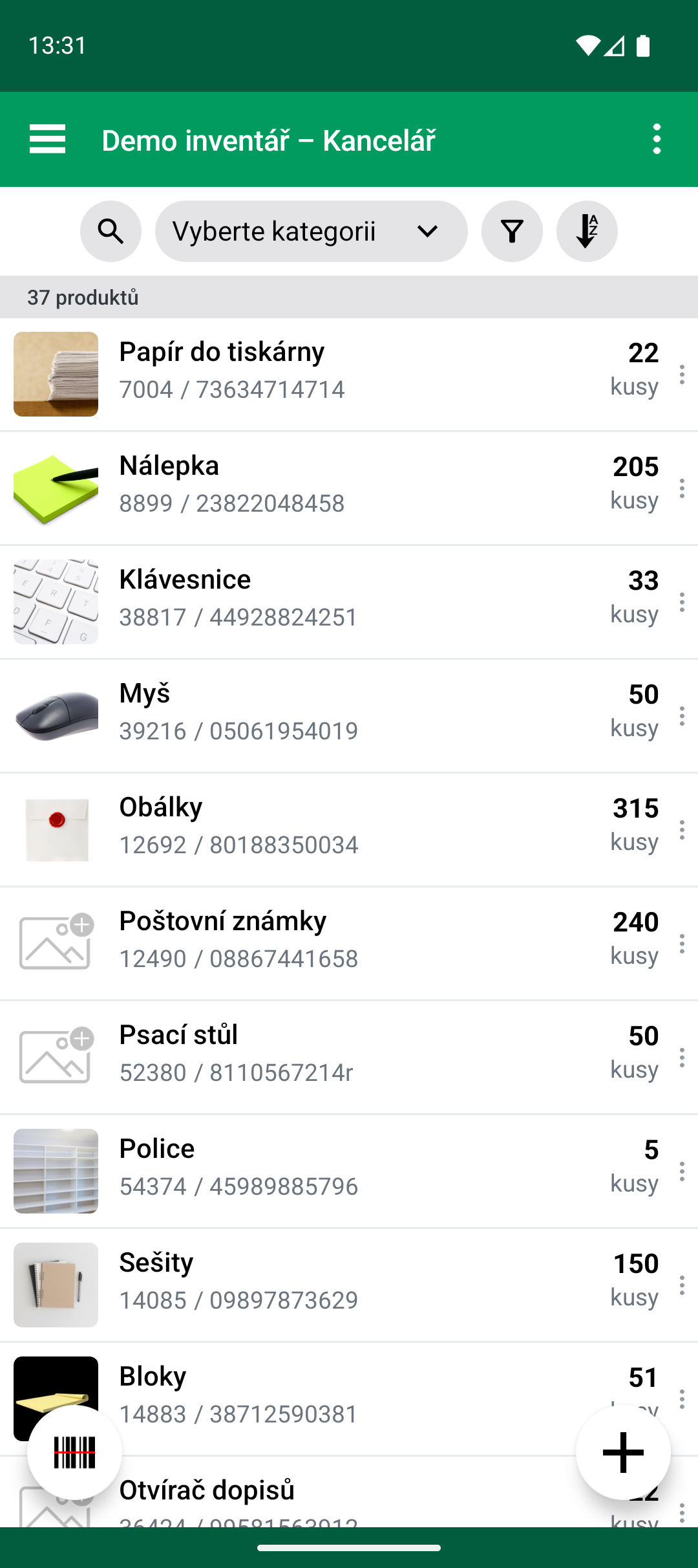 Seznam produktů po dokončení Import Update