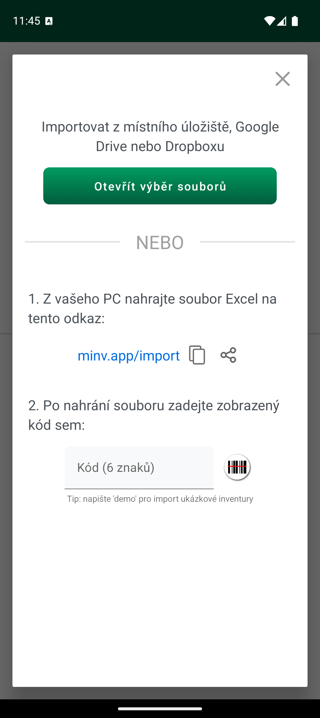 Obrazovka možností importu s výběrem souboru a importním kódem