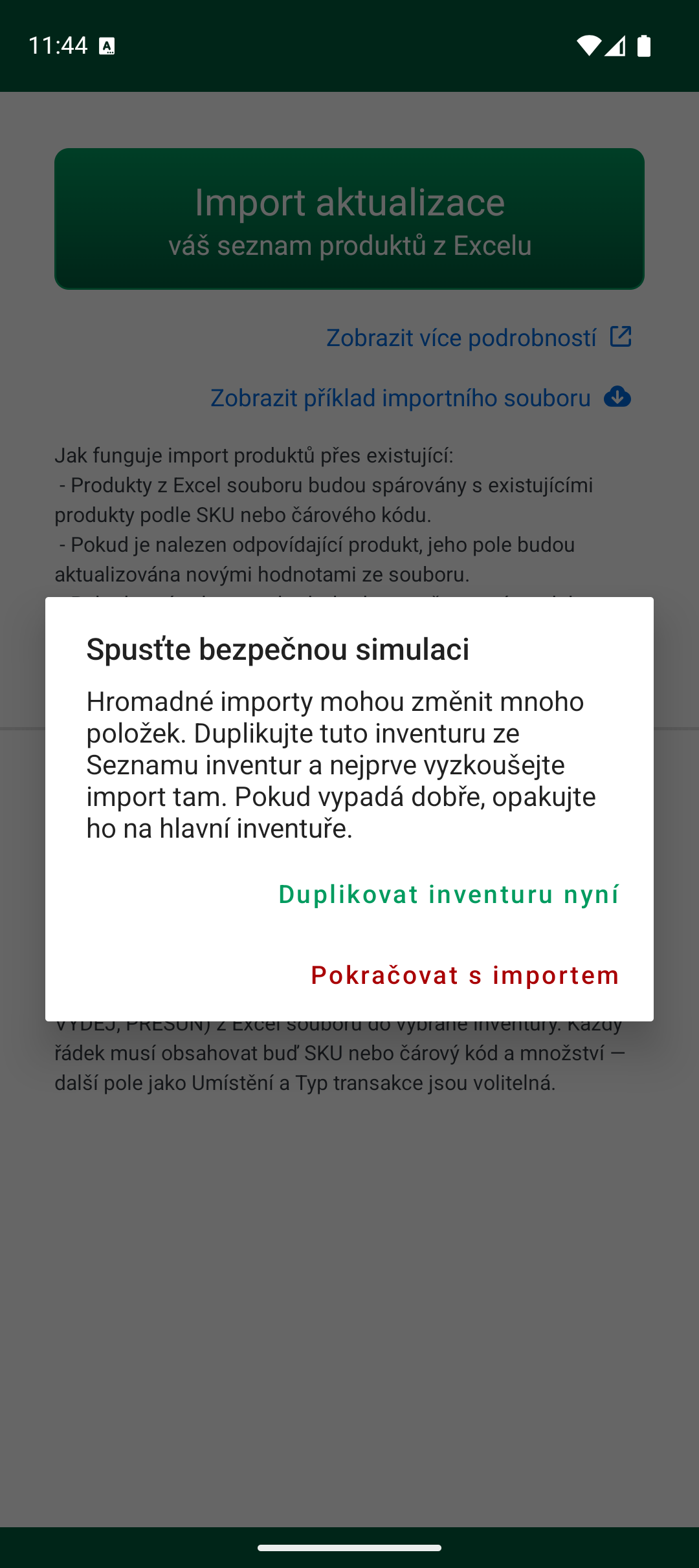 Upozornění na bezpečnou simulaci před importem