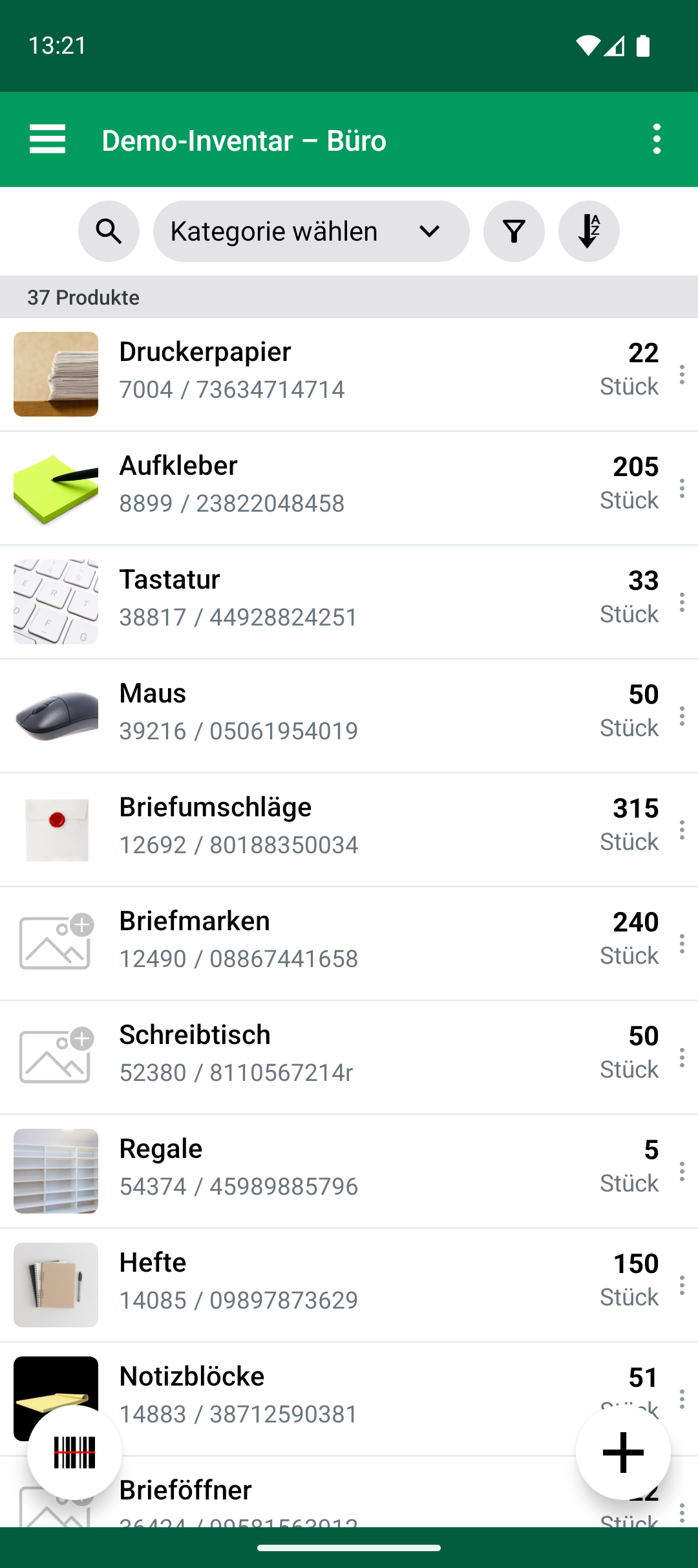 Produktliste nach Abschluss von Import Update