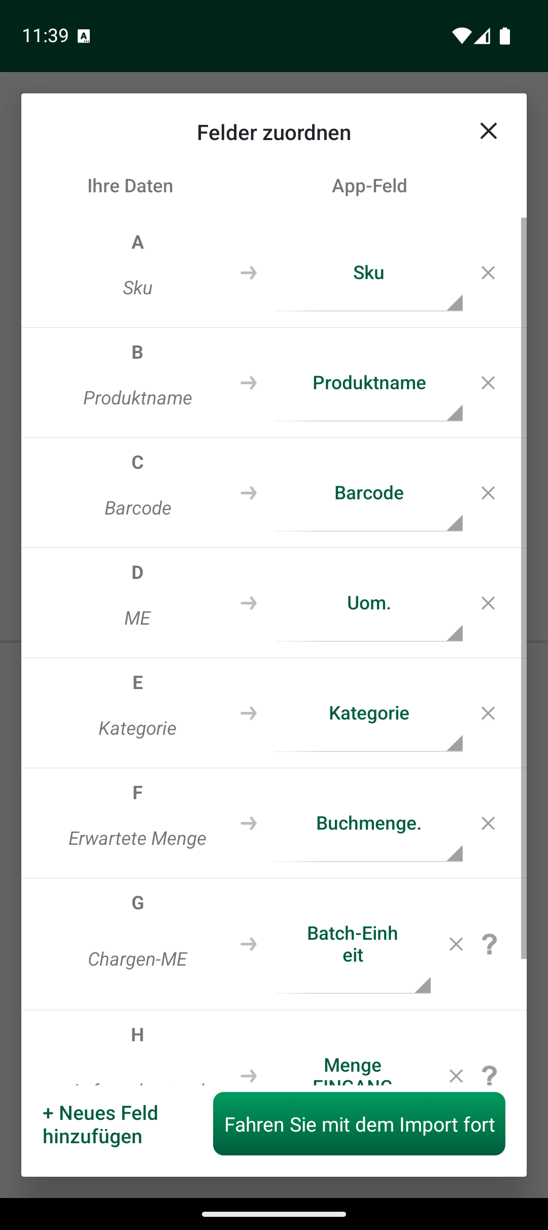Bildschirm zum Zuordnen der Felder