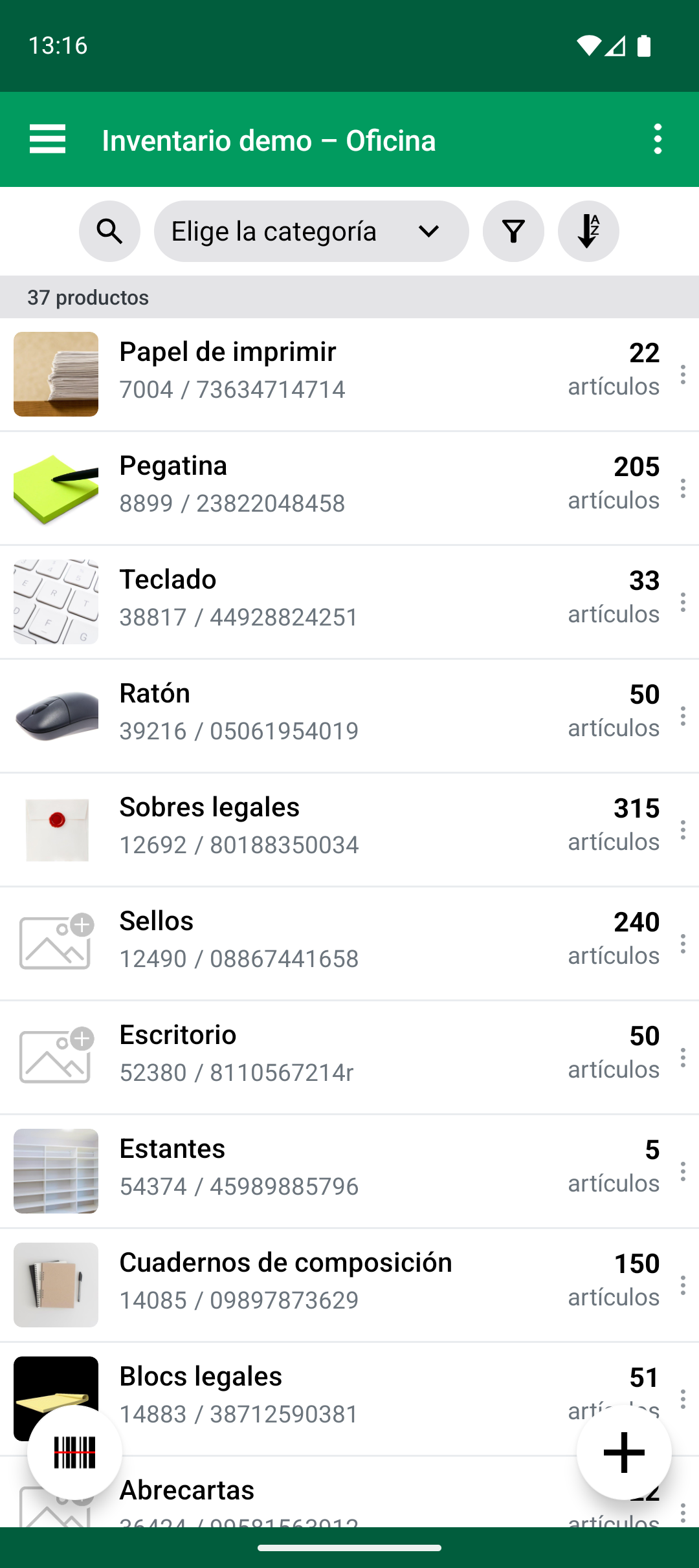Lista de productos después de finalizar Import Update
