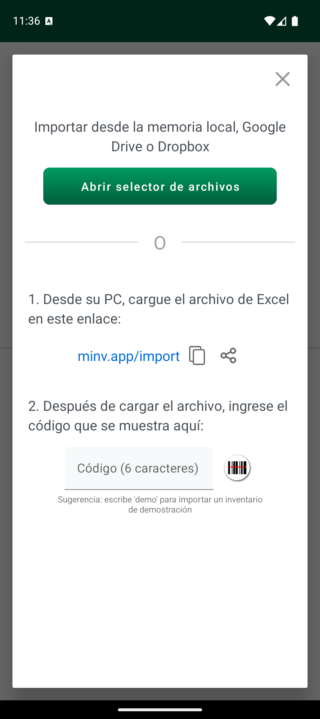 Pantalla de opciones de importación con selector de archivos y código de importación