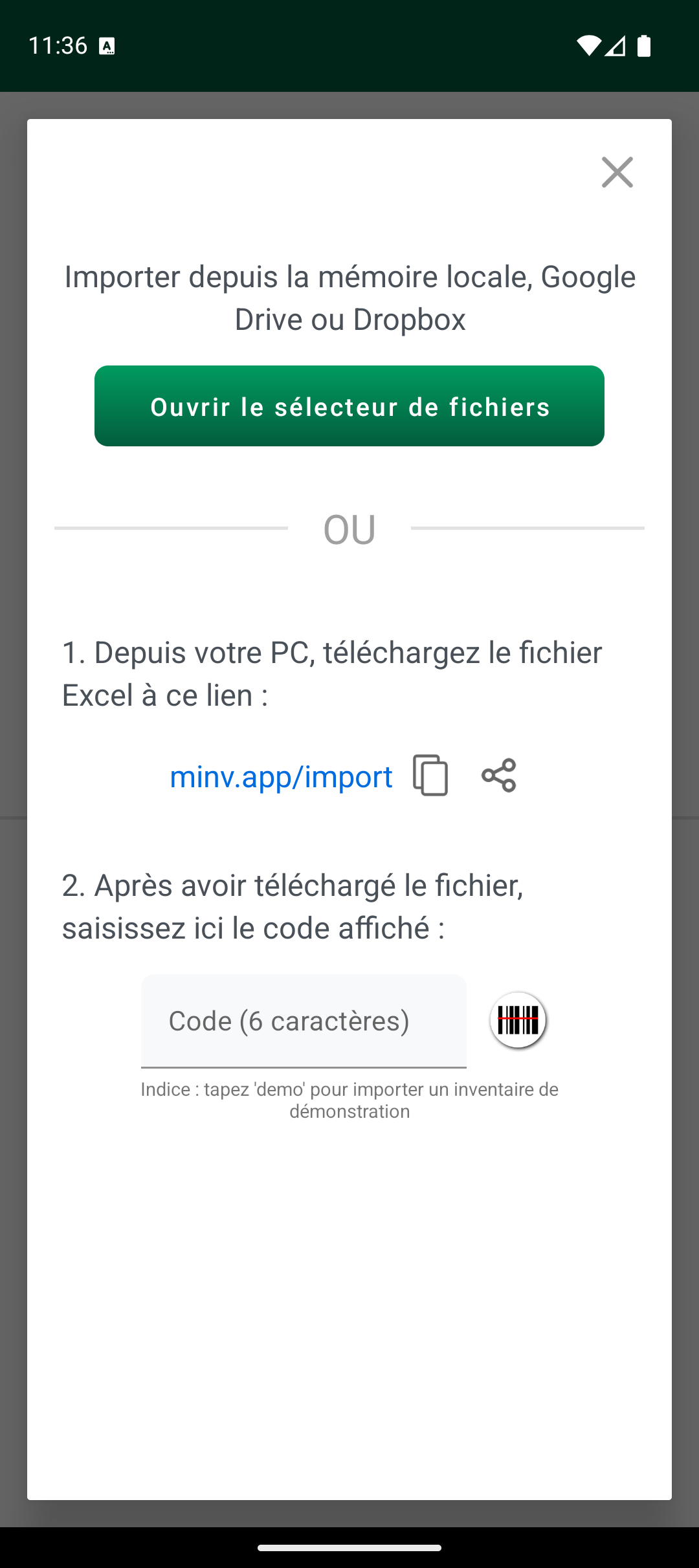 Écran des options d’importation avec sélecteur de fichier et code d’importation