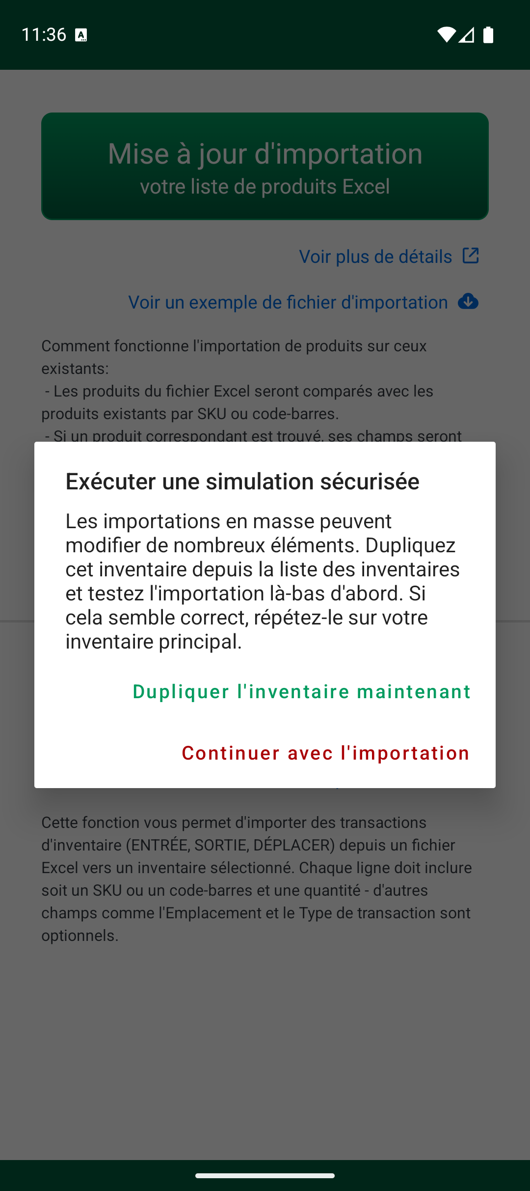 Avertissement de simulation sûre avant l’importation