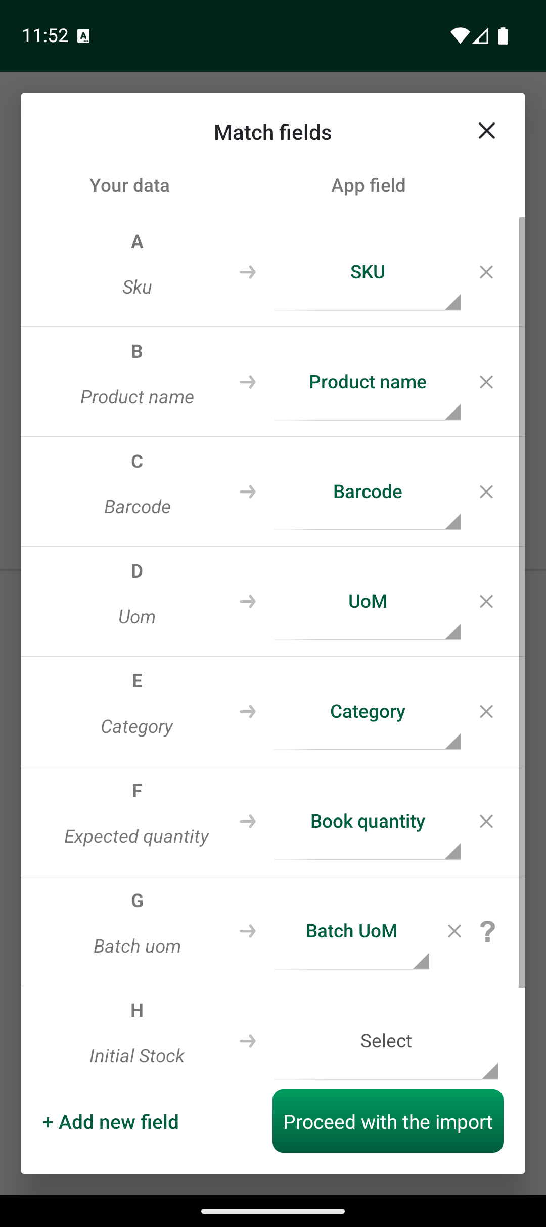 Match fields mapping screen