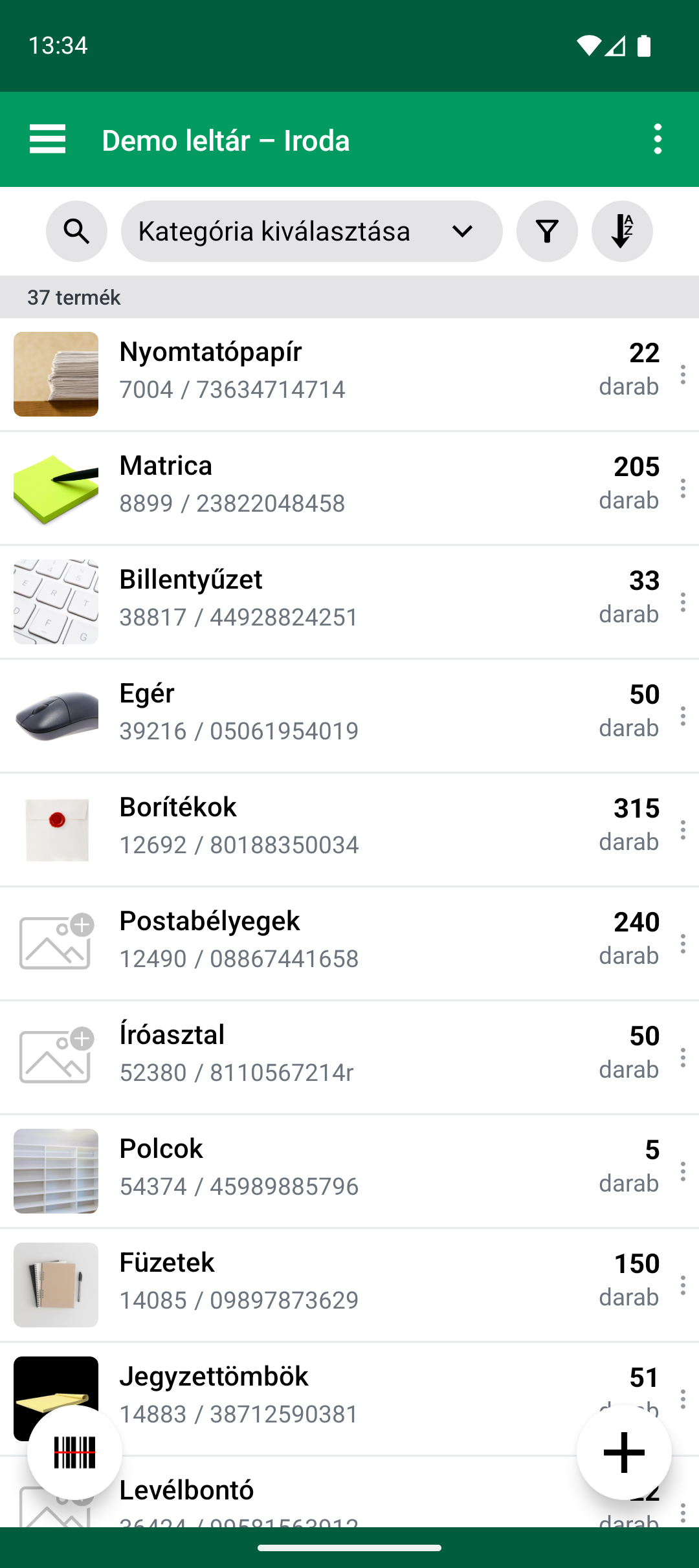 Terméklista az Import Update befejezése után