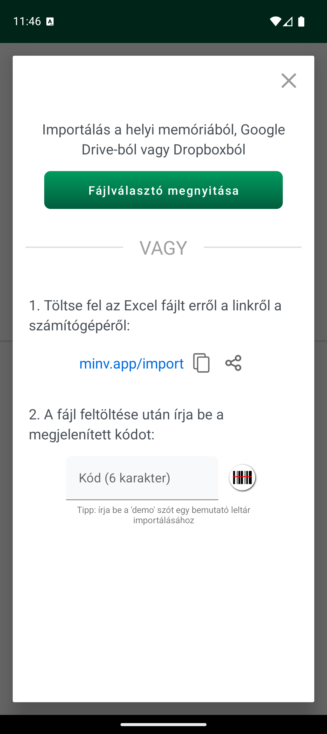 Importálási beállítások képernyő fájlválasztóval és importkóddal