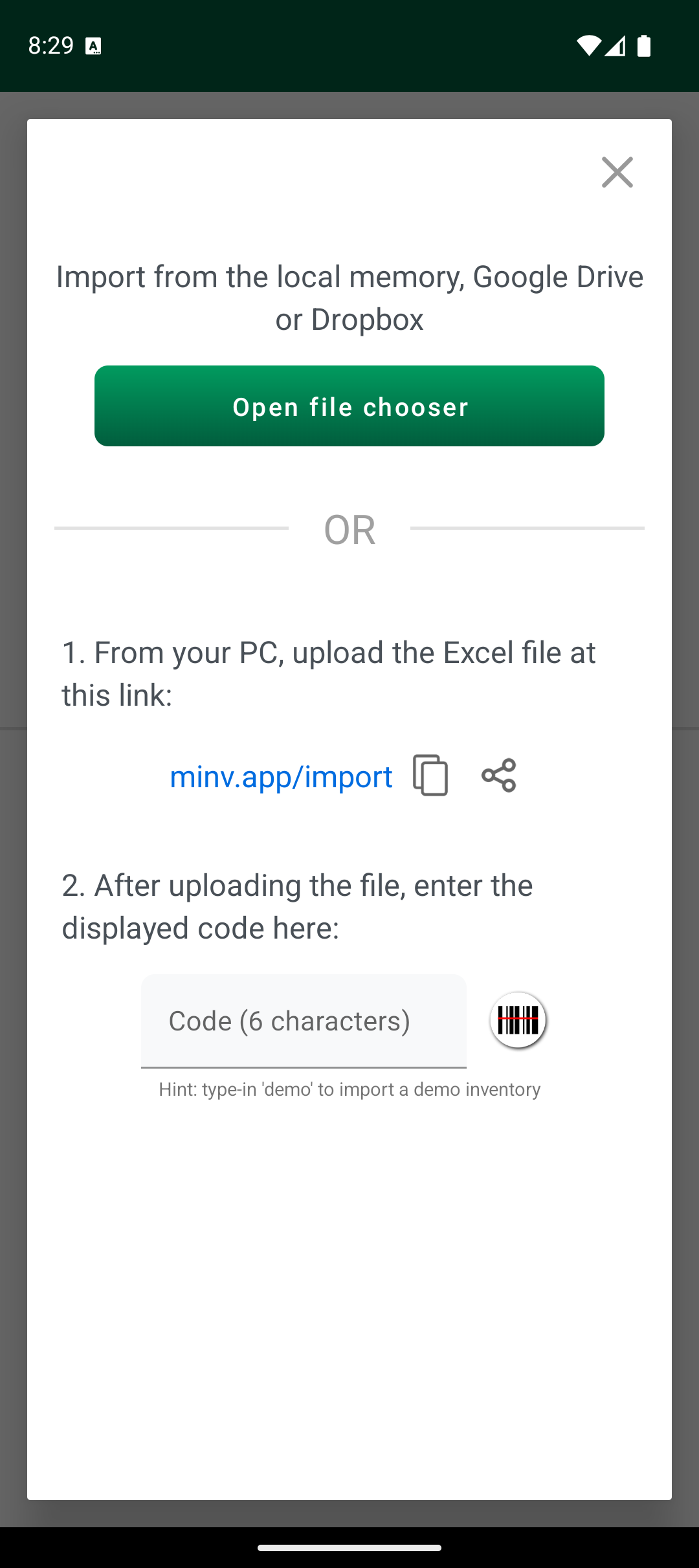 Import options screen with file chooser and import code