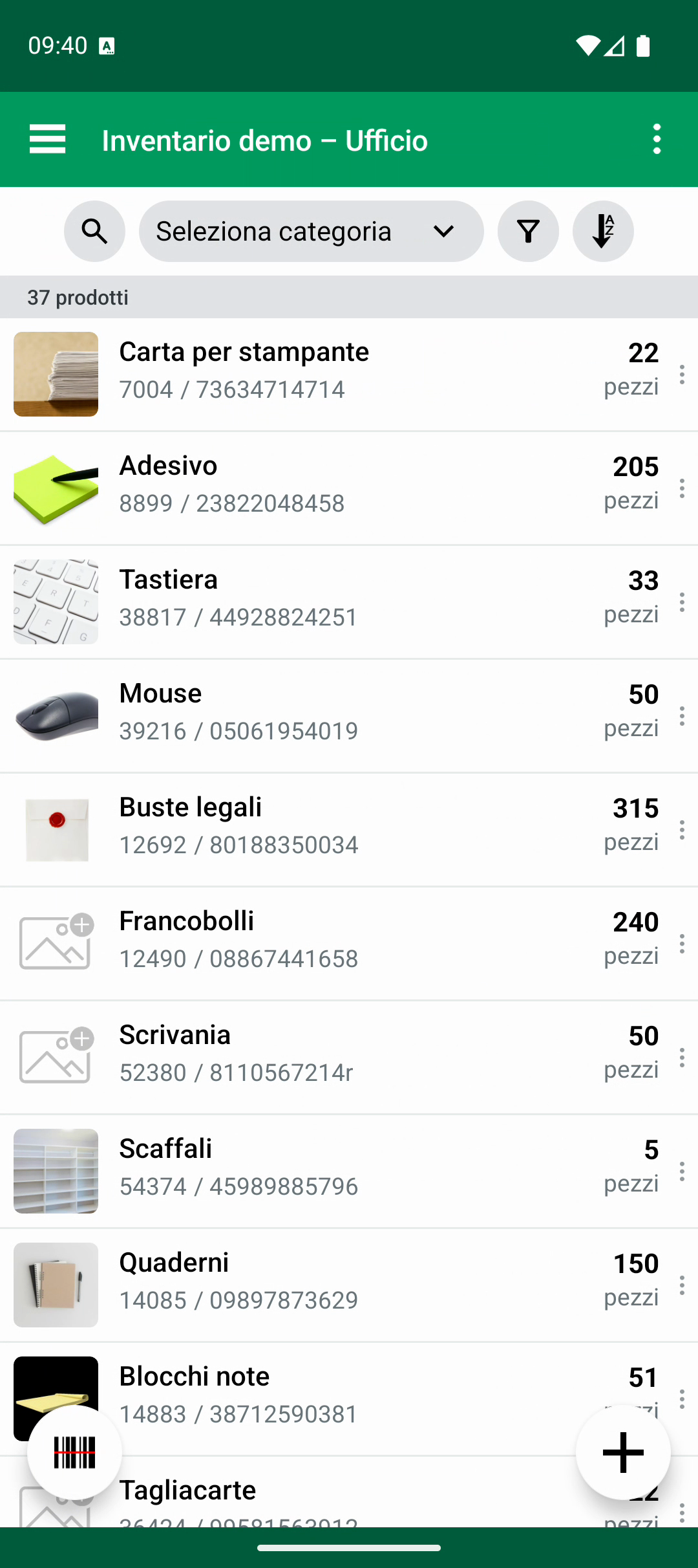 Lista prodotti dopo il completamento di Import Update