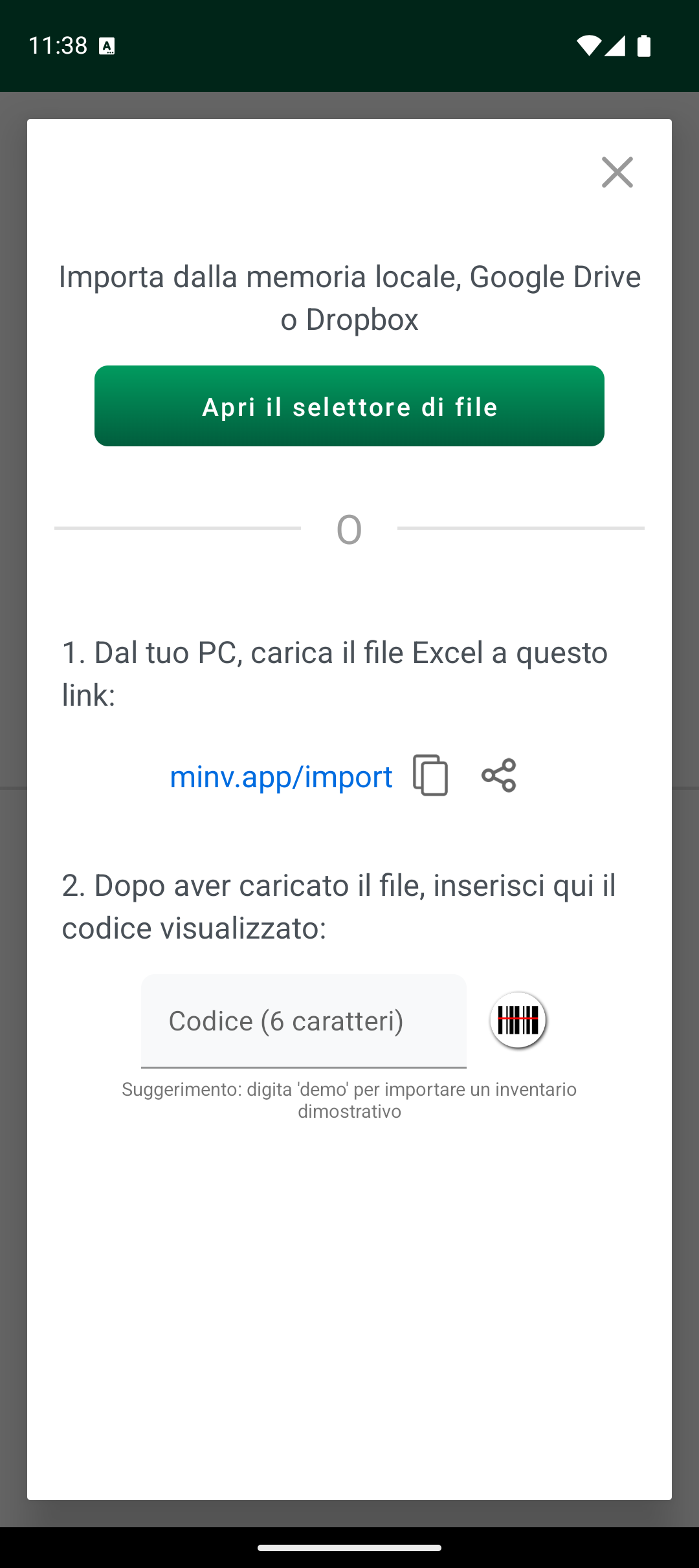 Schermata delle opzioni di importazione con selettore file e codice di importazione