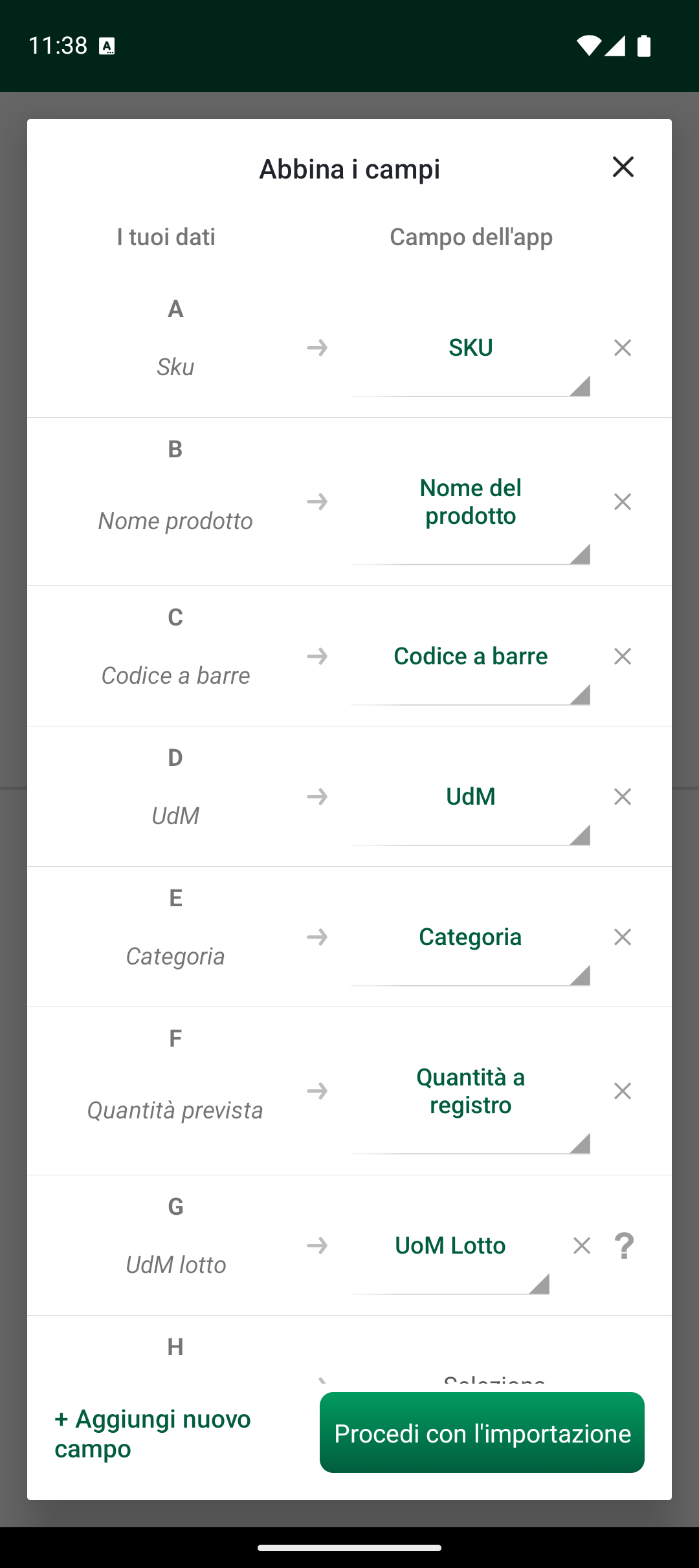 Schermata di associazione Abbina campi