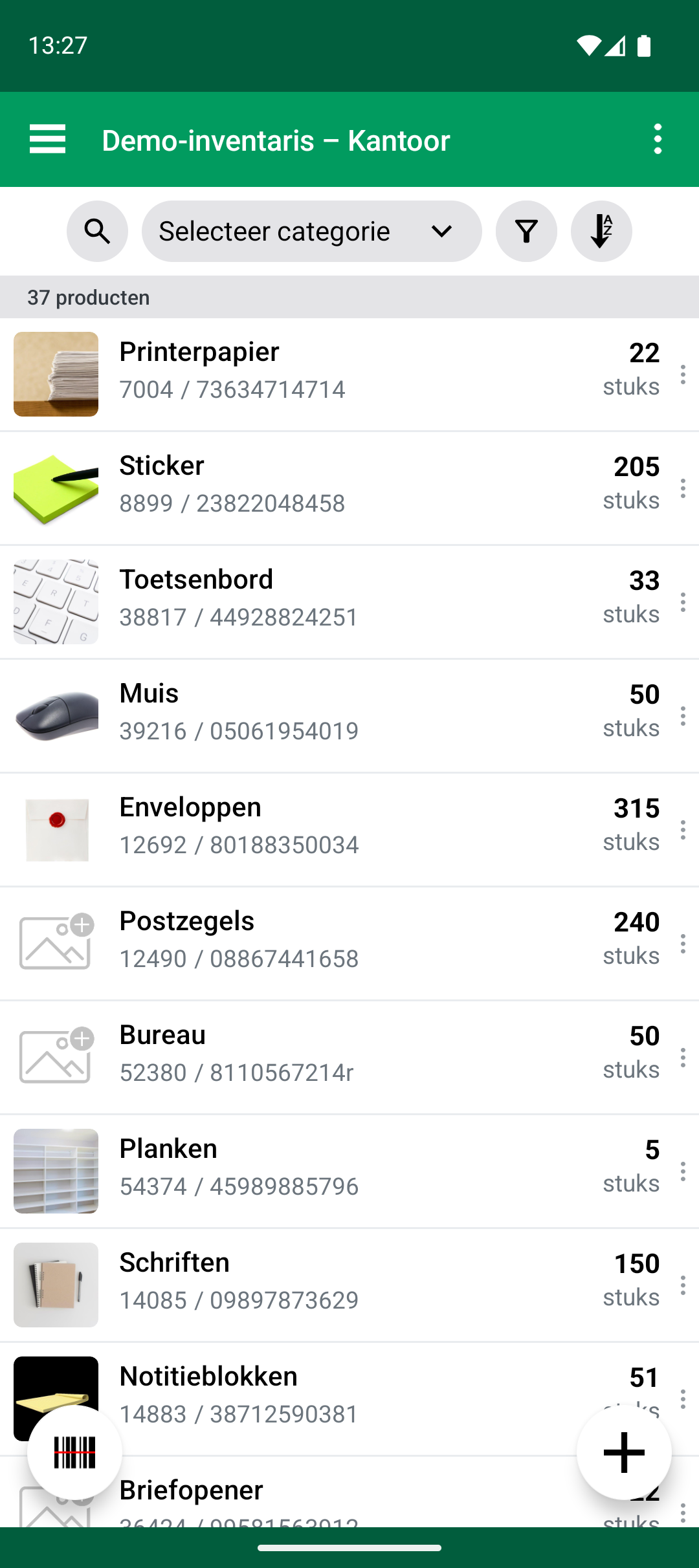 Productlijst nadat Import Update is voltooid