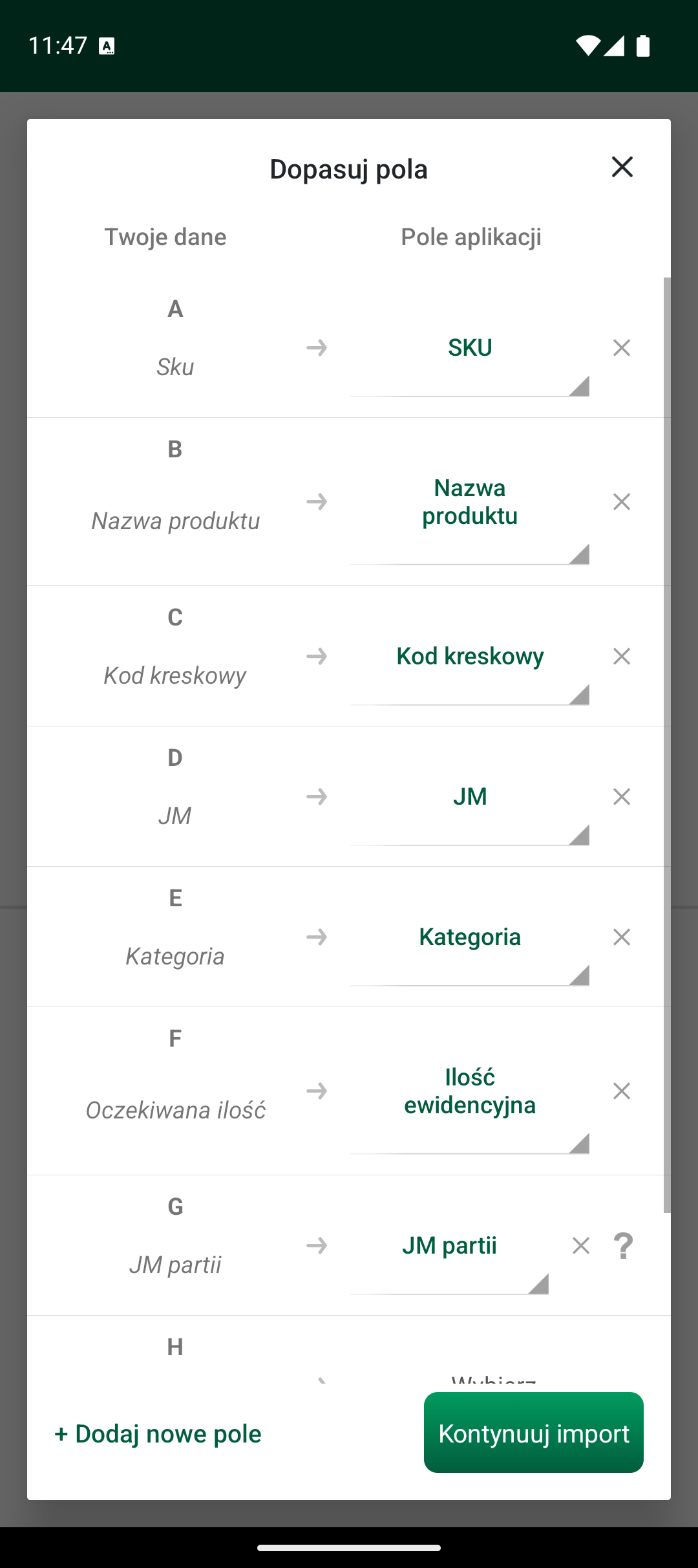 Ekran dopasowania pól
