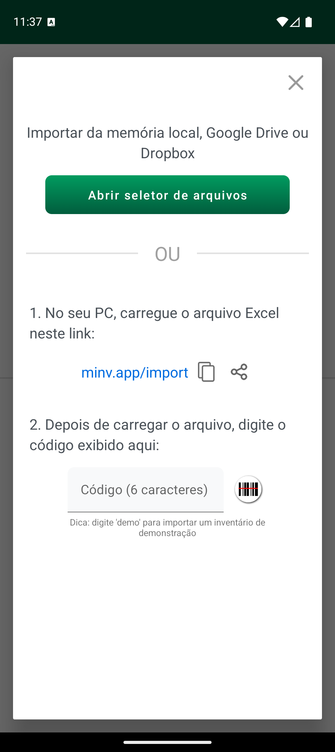 Ecrã de opções de importação com seletor de ficheiros e código de importação