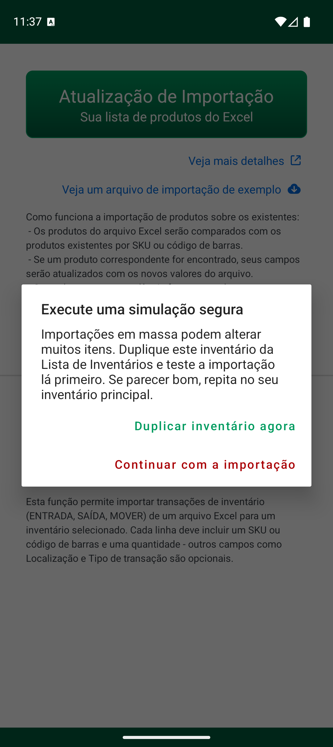 Aviso de simulação segura antes da importação