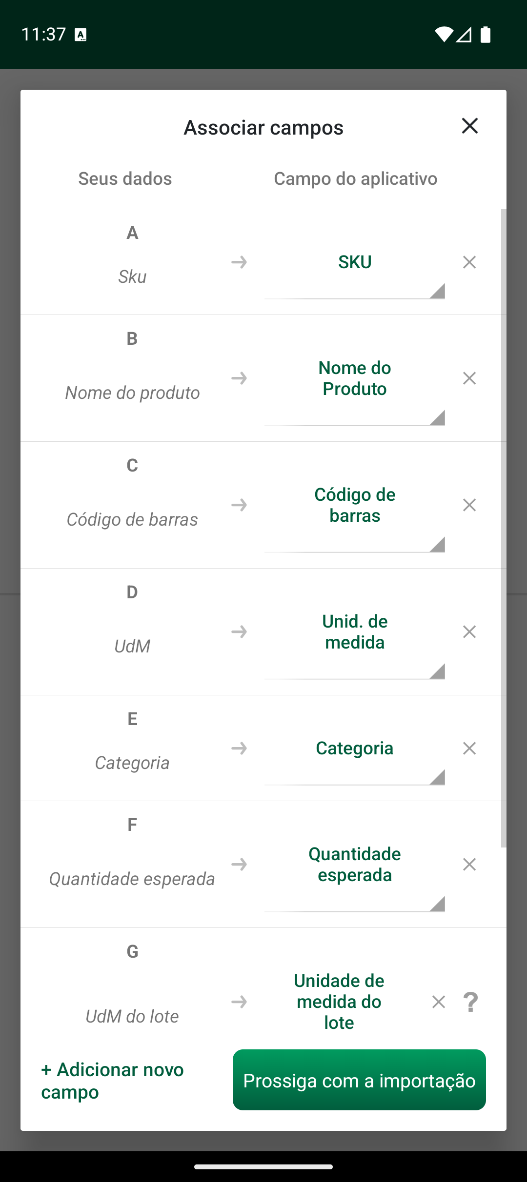 Ecrã de associação de campos