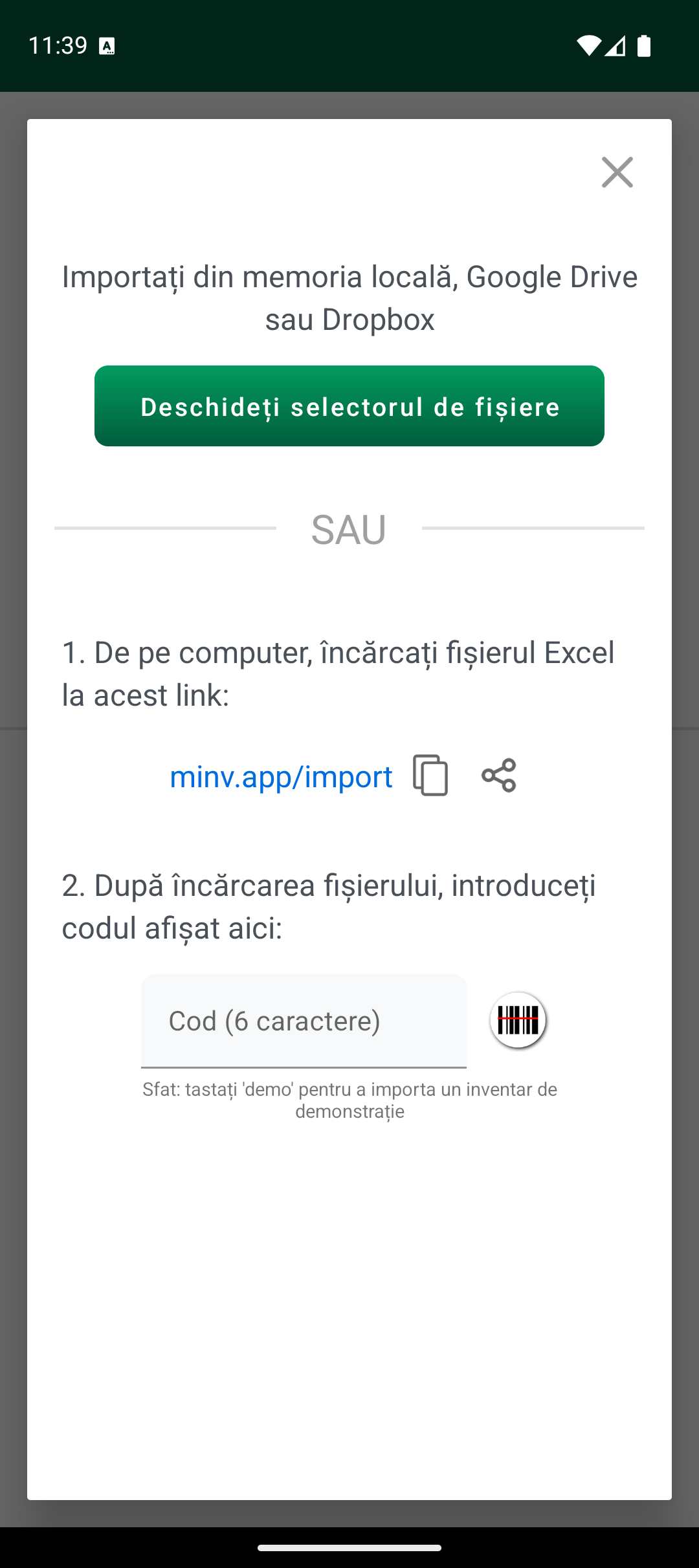 Ecran de opțiuni de import cu selector de fișiere și cod de import