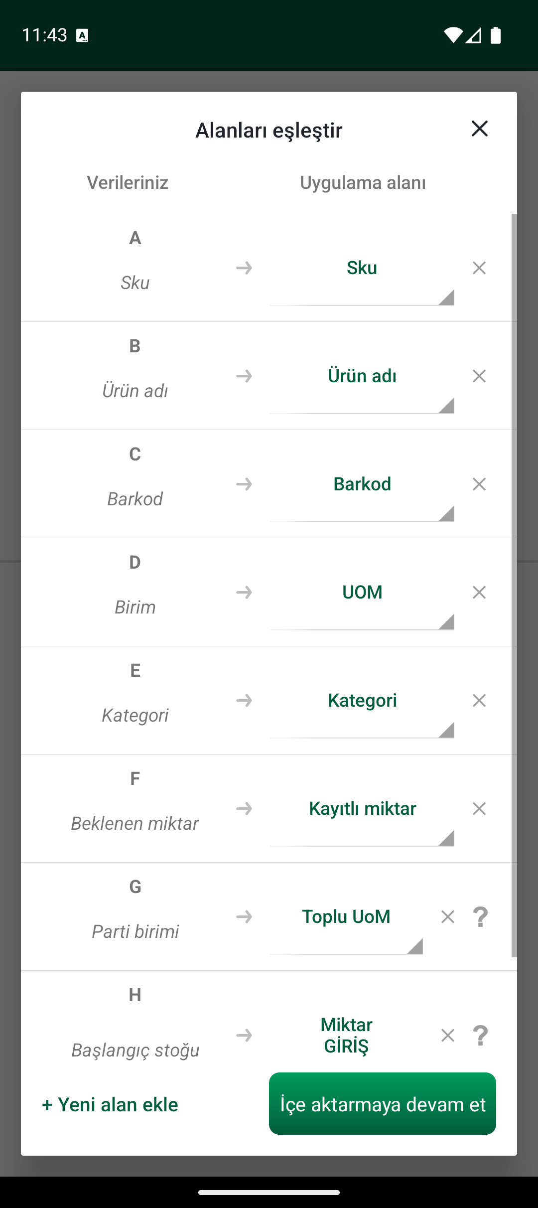 Alan eşleştirme ekranı