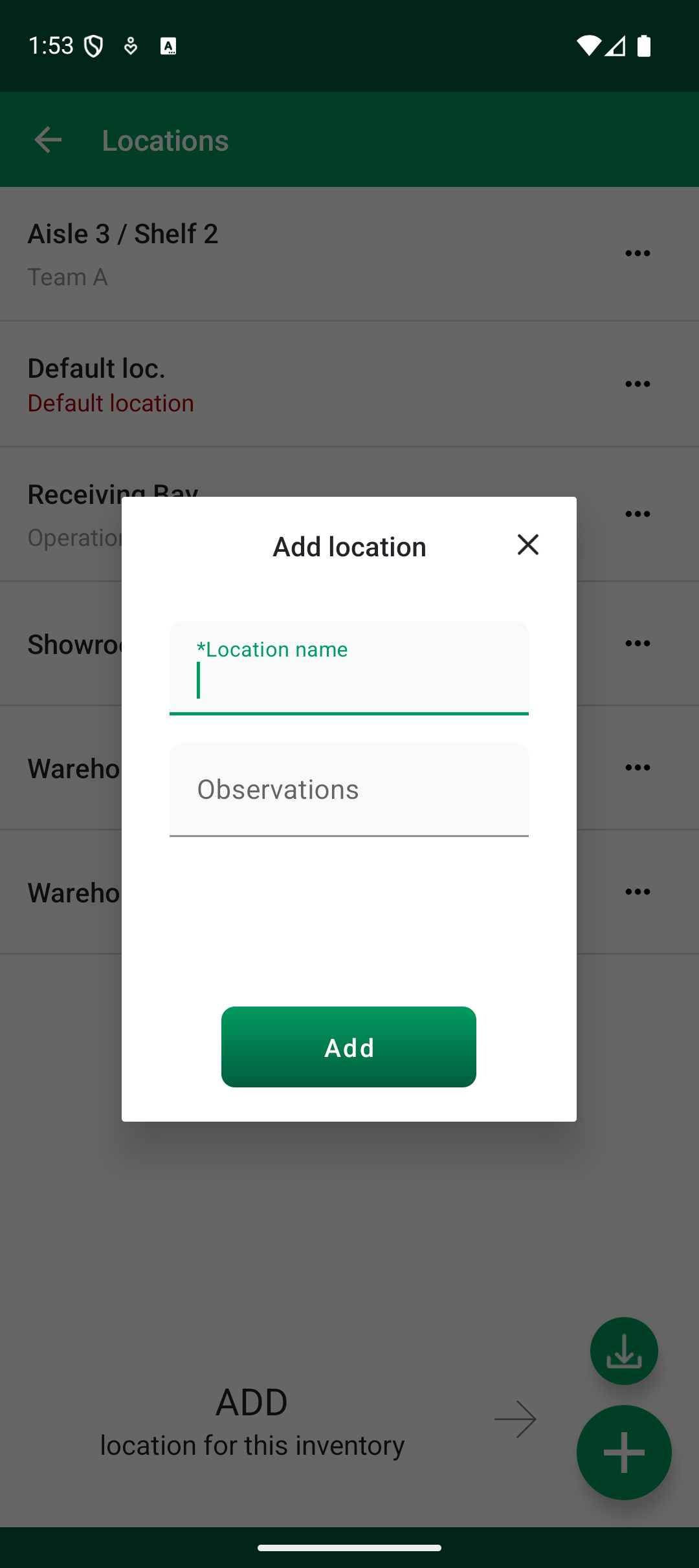 Παράθυρο Android Add location με πεδία Location name και Observations