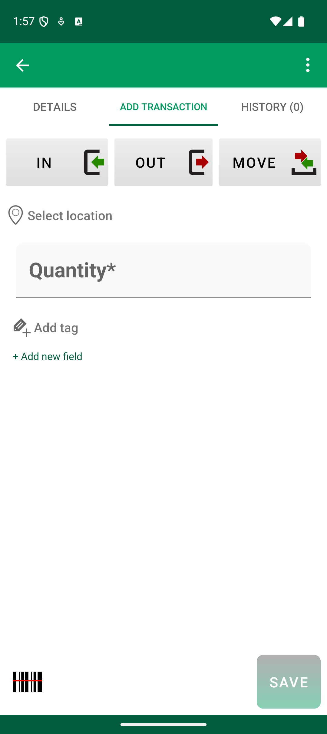Οθόνη Android Add Transaction με πεδίο Select location