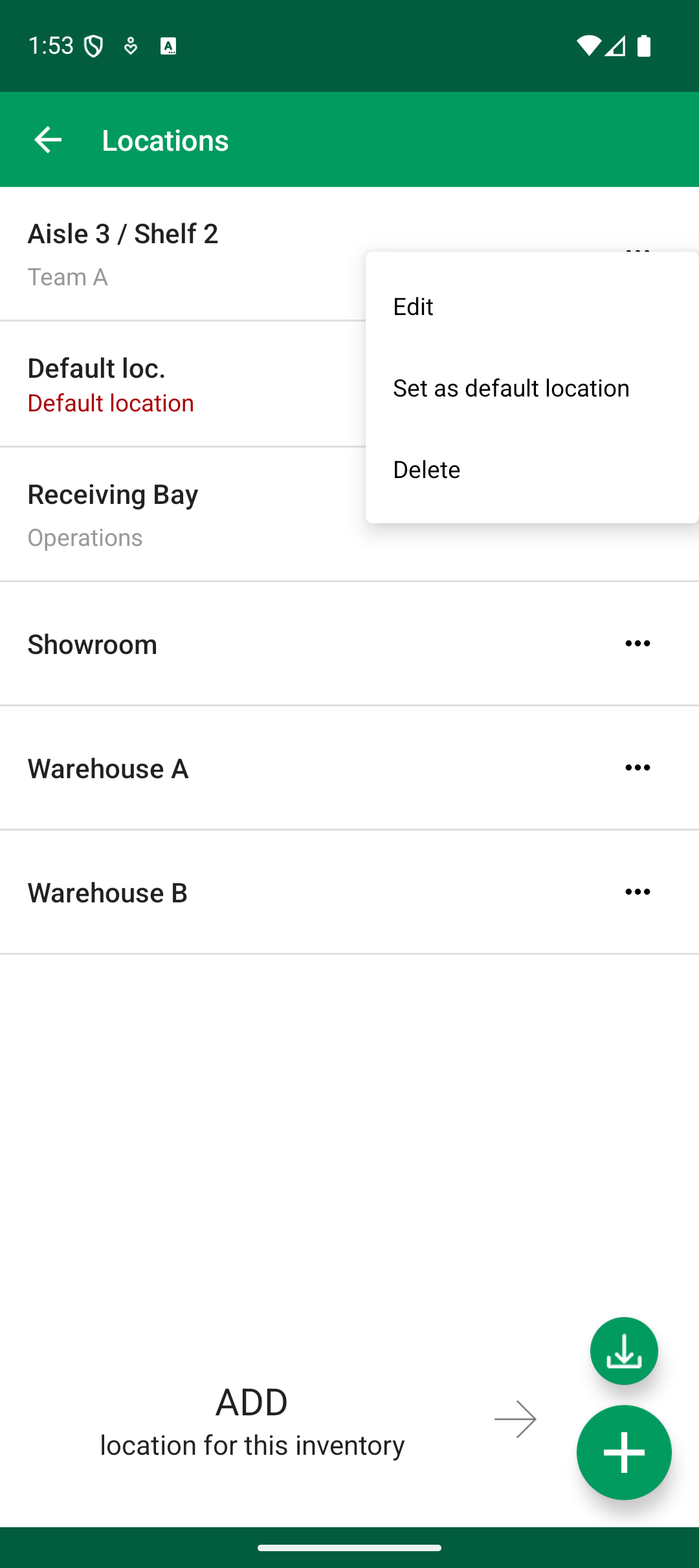 Μενού ενεργειών τοποθεσίας Android με Edit Set as default location και Delete