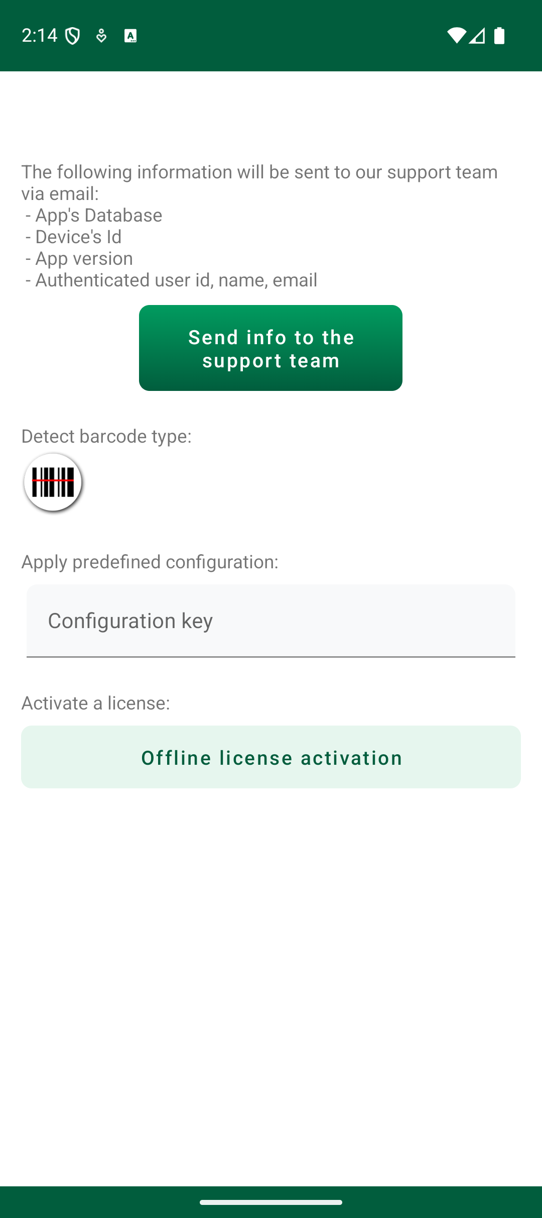Android Debug screen with the Send info to the support team button