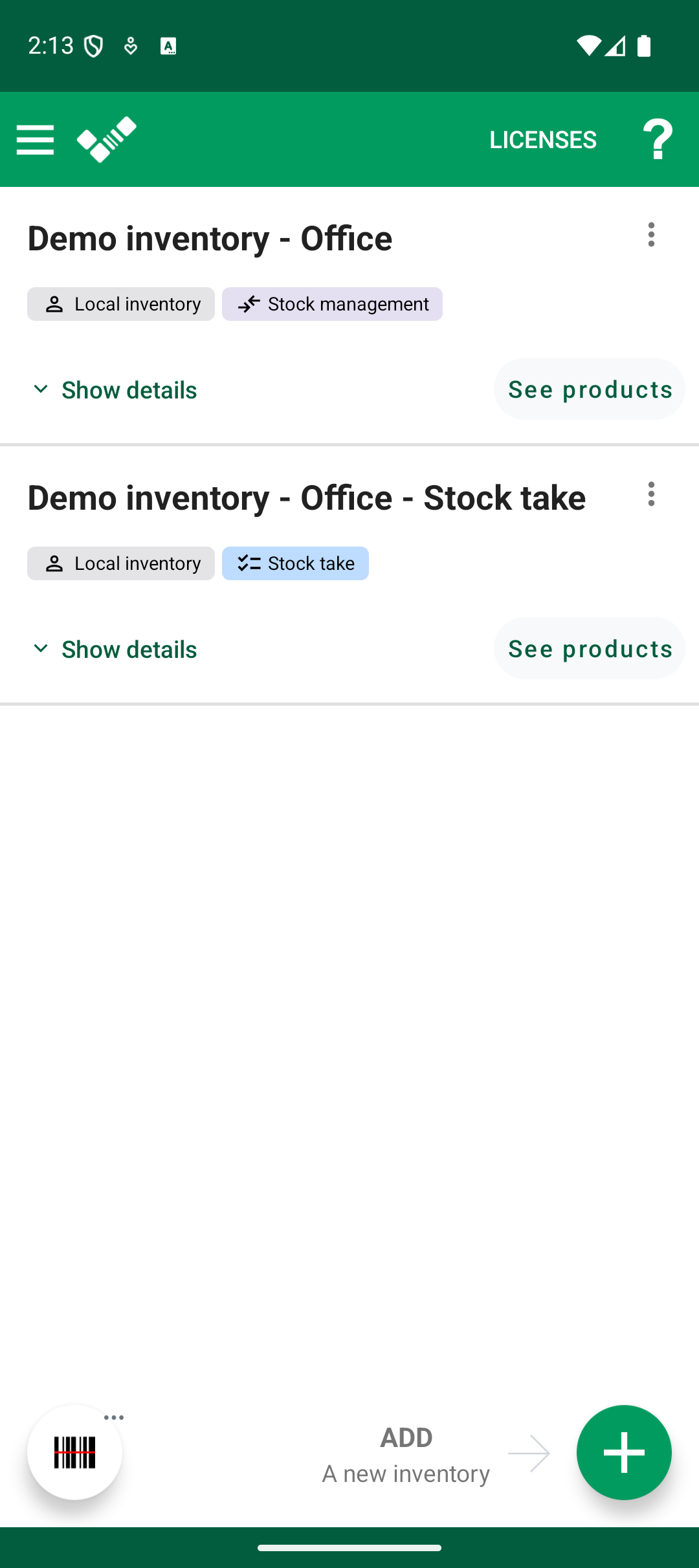 Android inventory list with the help icon in the top bar