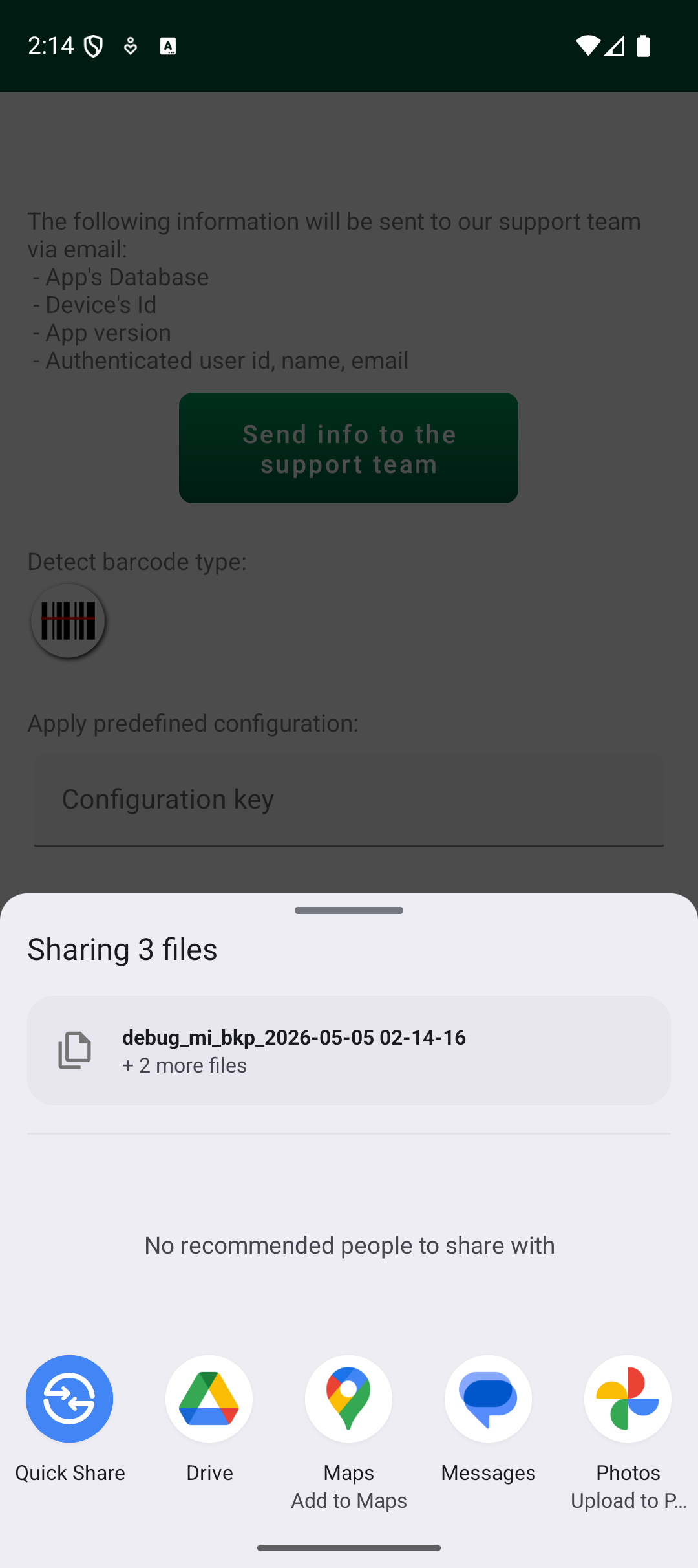 Android share chooser with debug backup and log files attached