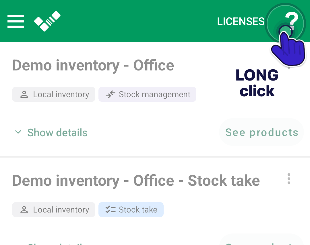 Android inventory list with the help icon in the top bar