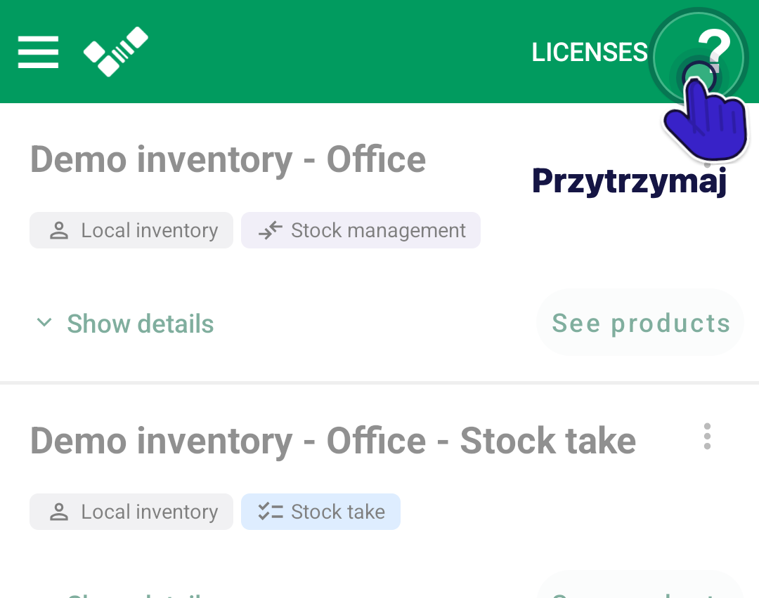Lista inwentarzy Android z ikoną pomocy na górnym pasku