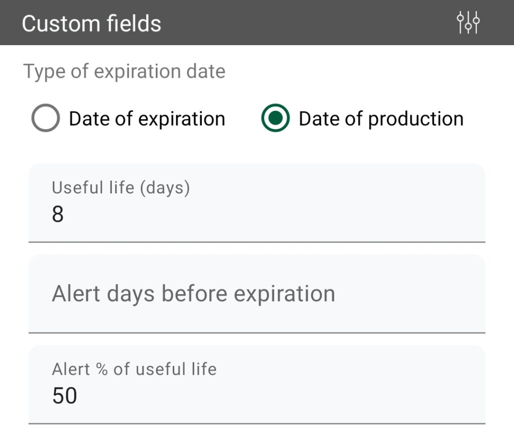 Product field settings for choosing production date or expiration date